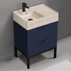 Modern Small Bathroom Vanity, Blue, 24 inch, Travertine Style Sink, Free Standing